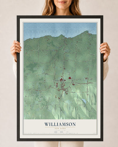 Williamson, New York map print, 24" x 36" W/ Black Ayous Wood Frame mockup