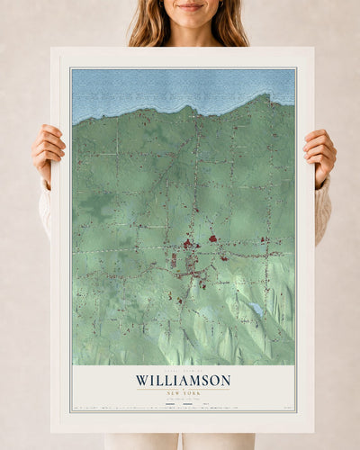 Williamson, New York map print, 24" x 36" W/ White Ayous Wood Frame mockup