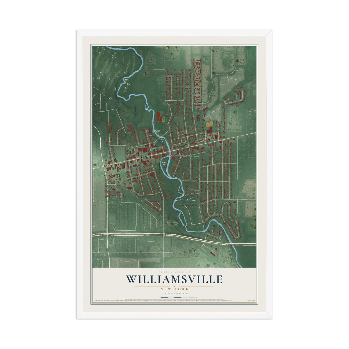 Williamsville, New York map print, 12" x 18" W/ White Ayous Wood Frame mockup