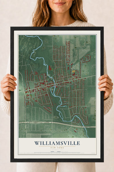 Williamsville, New York map print, 18" x 24" W/ Black Ayous Wood Frame mockup