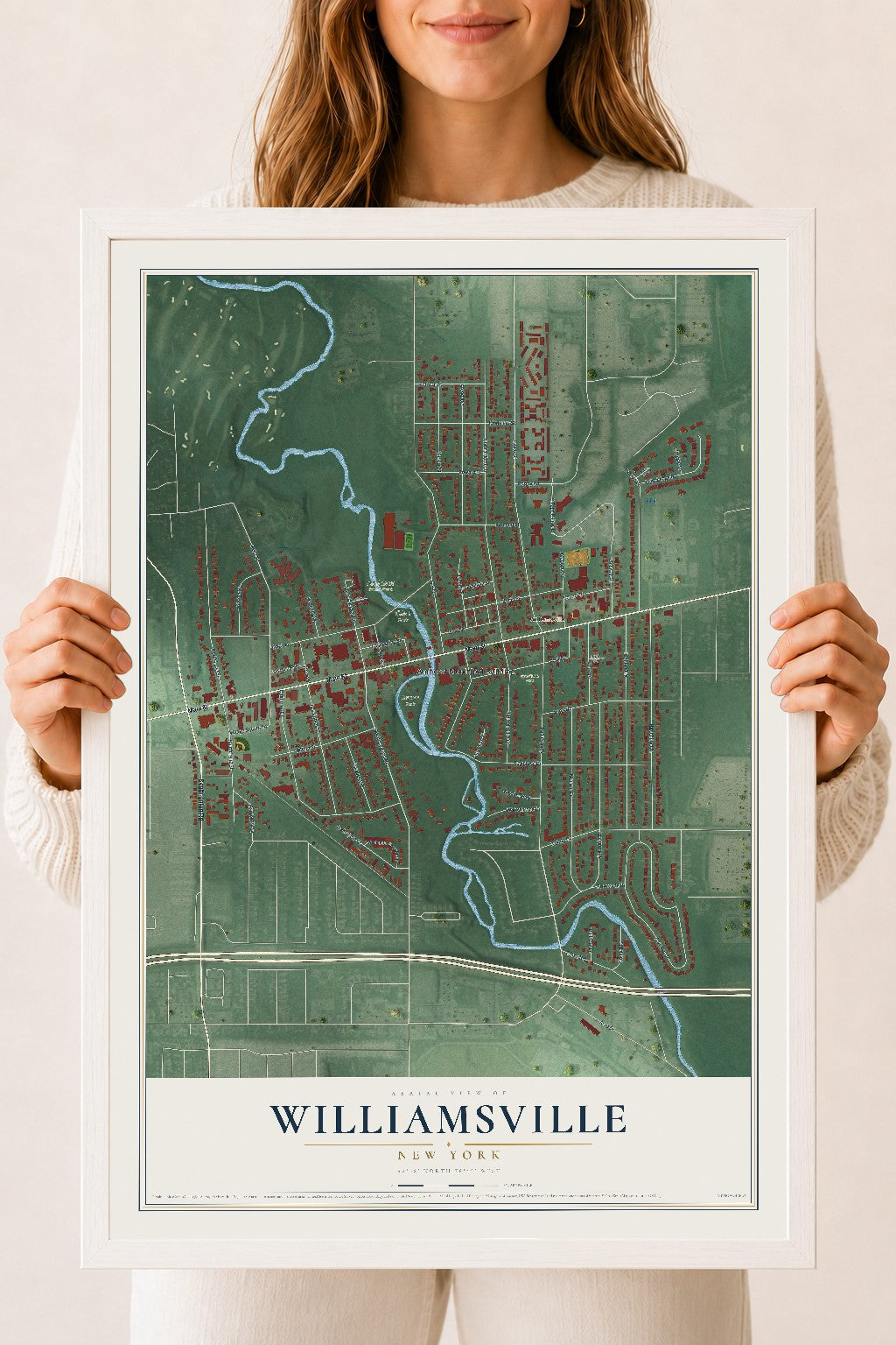 Williamsville, New York map print, 18" x 24" W/ White Ayous Wood Frame mockup