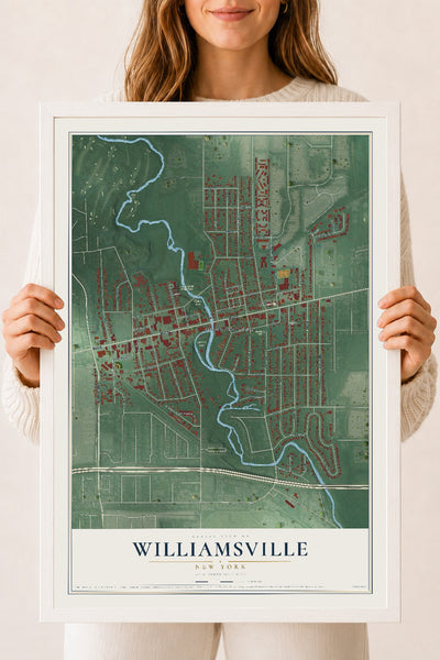 Williamsville, New York map print, 18" x 24" W/ White Ayous Wood Frame mockup