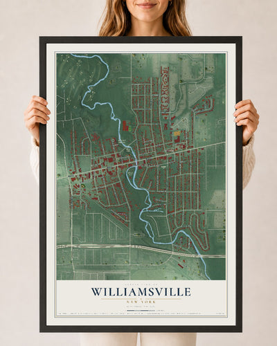Williamsville, New York map print, 24" x 36" W/ Black Ayous Wood Frame mockup