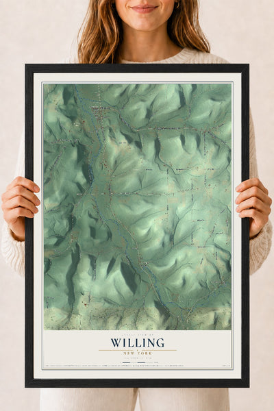 Willing, New York map print, 18" x 24" W/ Black Ayous Wood Frame mockup