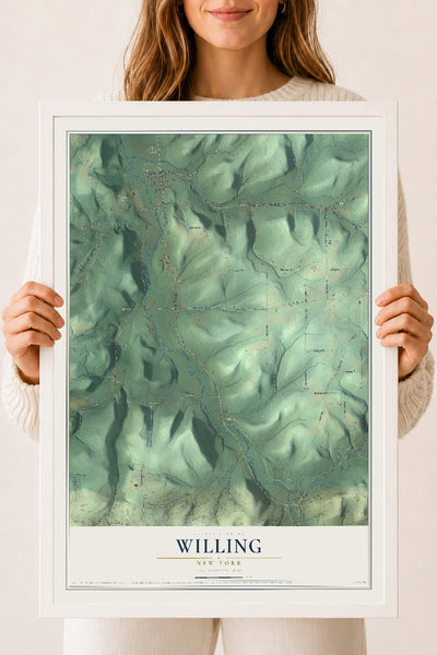 Willing, New York map print, 18" x 24" W/ White Ayous Wood Frame mockup