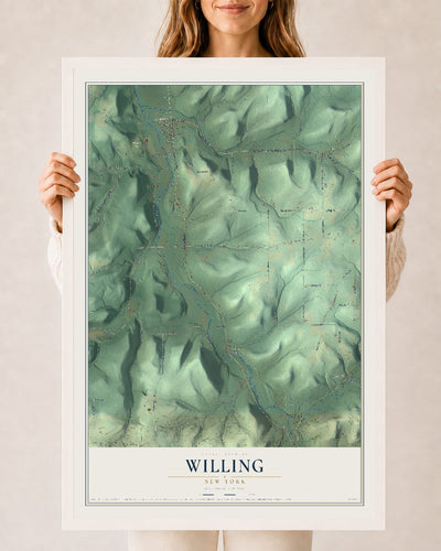 Willing, New York map print, 24" x 36" W/ White Ayous Wood Frame mockup