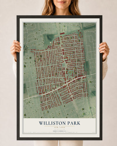 Williston Park, New York map print, 24" x 36" W/ Black Ayous Wood Frame mockup