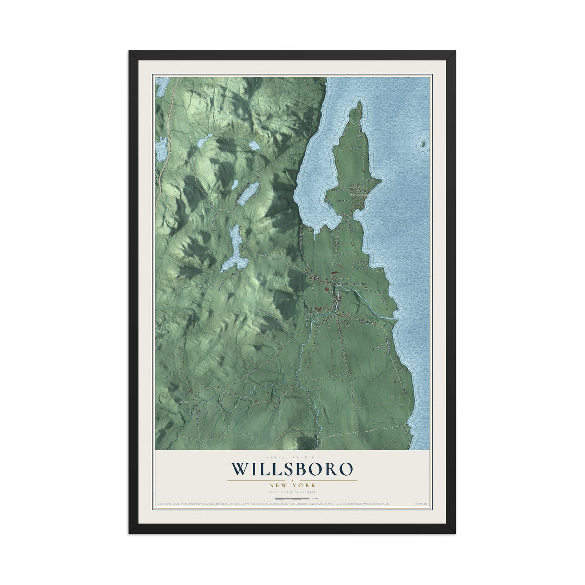 Willsboro, New York map print, 12" x 18" W/ Black Ayous Wood Frame mockup