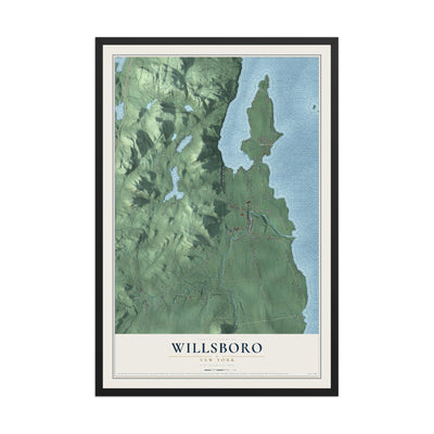 Willsboro, New York map print, 12" x 18" W/ Black Ayous Wood Frame mockup