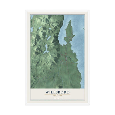 Willsboro, New York map print, 12" x 18" W/ White Ayous Wood Frame mockup