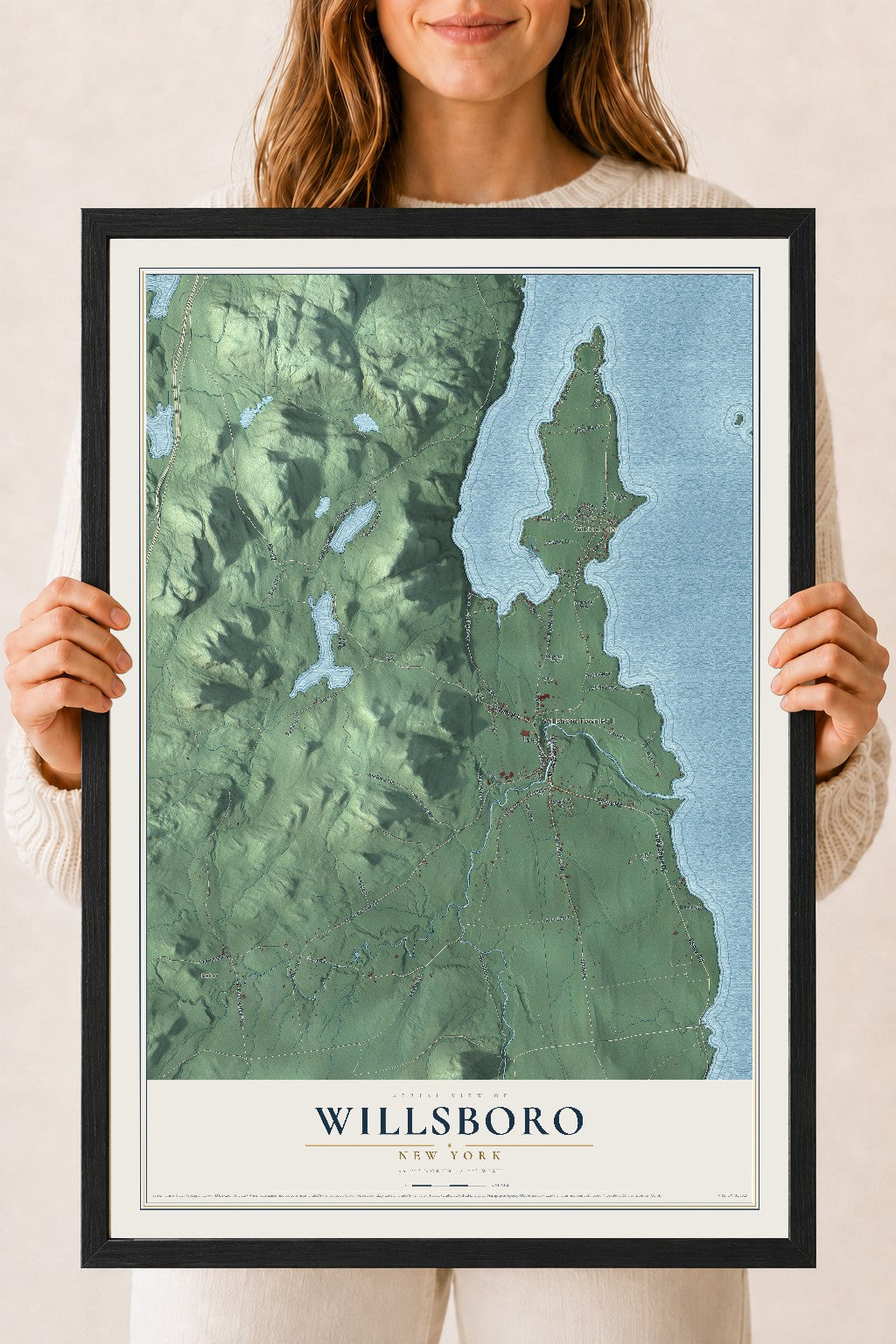 Willsboro, New York map print, 18" x 24" W/ Black Ayous Wood Frame mockup