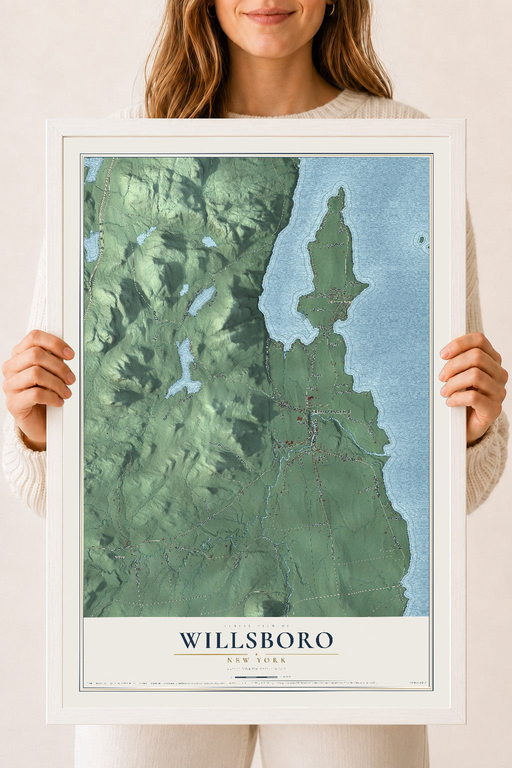 Willsboro, New York map print, 18" x 24" W/ White Ayous Wood Frame mockup