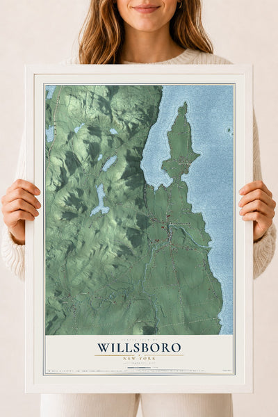 Willsboro, New York map print, 18" x 24" W/ White Ayous Wood Frame mockup