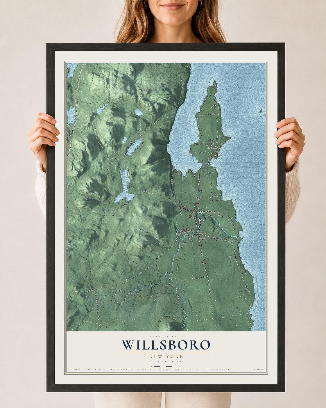 Willsboro, New York map print, 24" x 36" W/ Black Ayous Wood Frame mockup