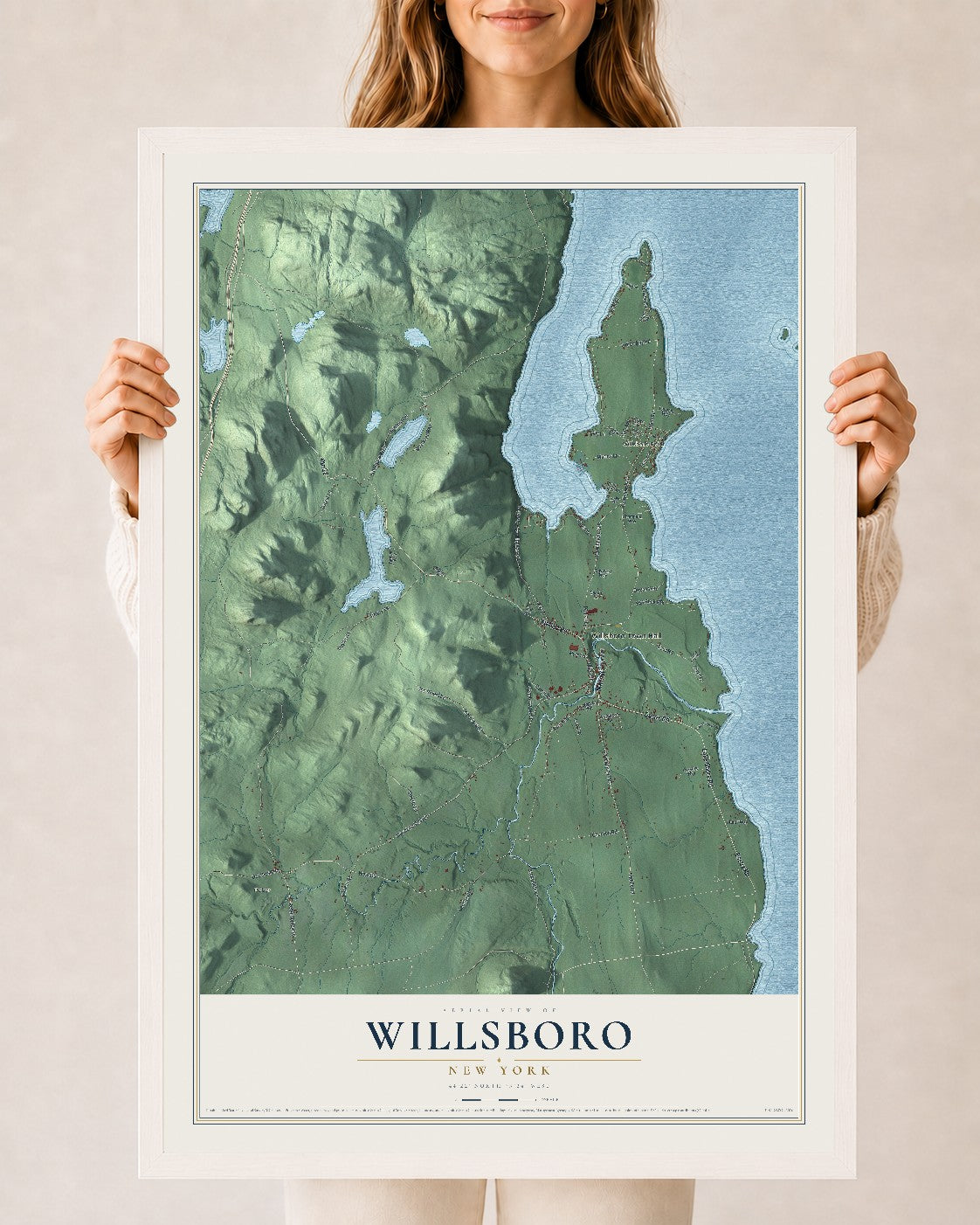 Willsboro, New York map print, 24" x 36" W/ White Ayous Wood Frame mockup