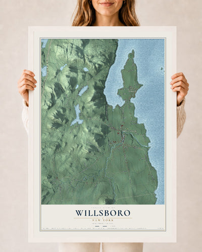 Willsboro, New York map print, 24" x 36" W/ White Ayous Wood Frame mockup
