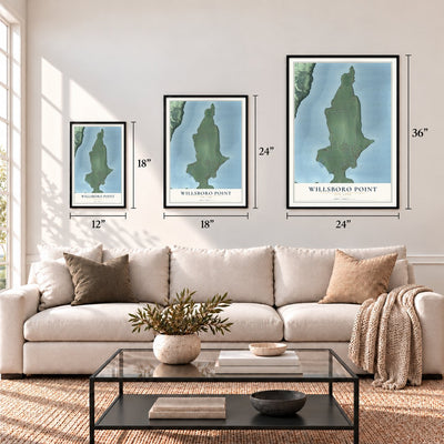 Willsboro Point, New York map in 12 x 18, 18 x 24 and 24 x 36 inch sizes above a sofa