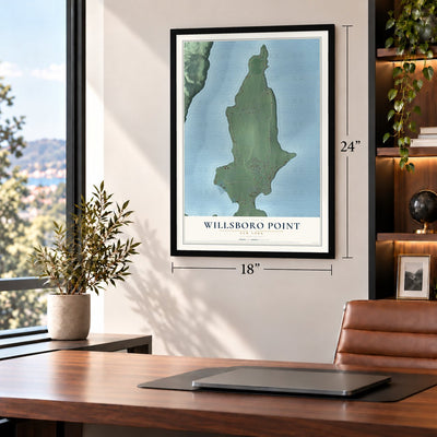 Willsboro Point, New York map, 18 x 24 inch print in a black frame in a home office