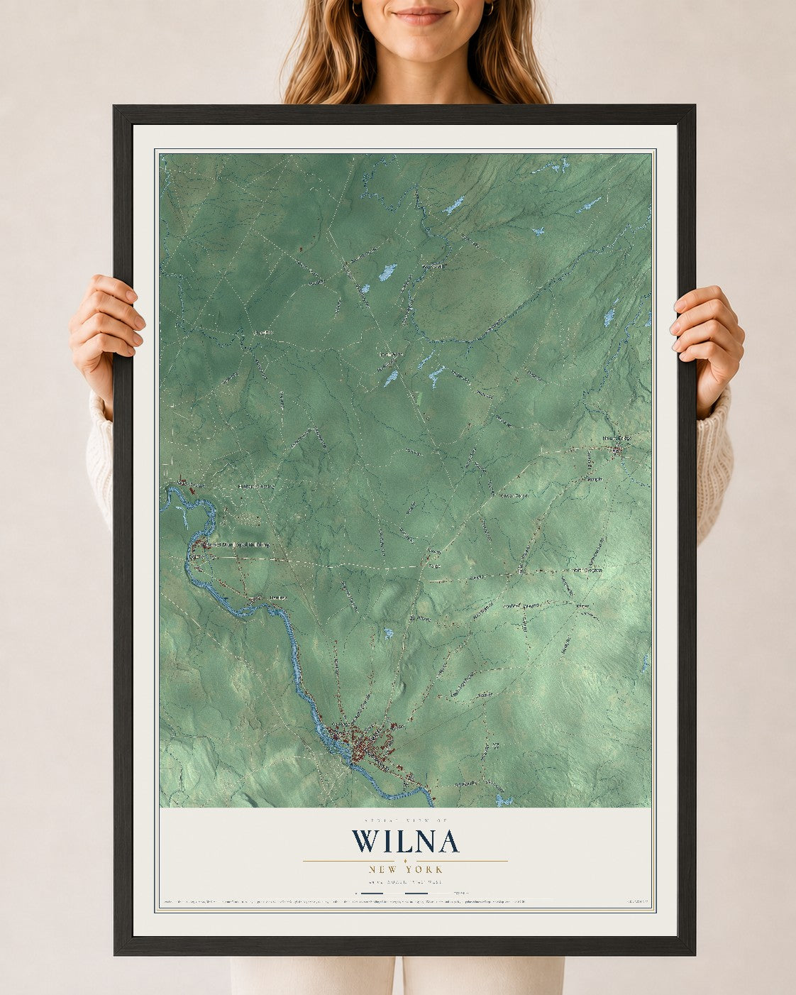 Wilna, New York map print, 24" x 36" W/ Black Ayous Wood Frame mockup