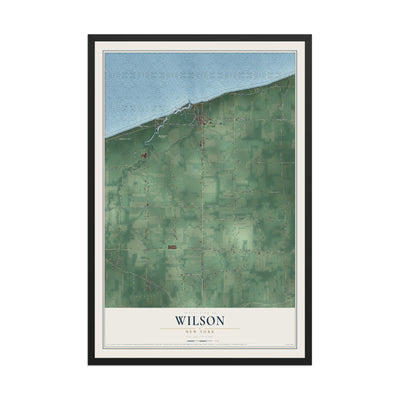 Wilson, New York map print, 12" x 18" W/ Black Ayous Wood Frame mockup