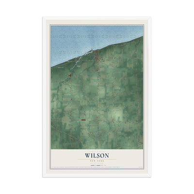 Wilson, New York map print, 12" x 18" W/ White Ayous Wood Frame mockup