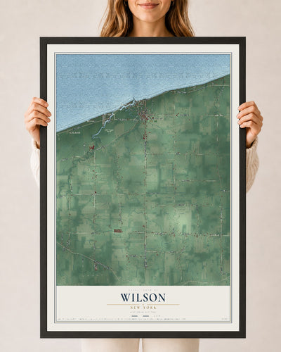 Wilson, New York map print, 24" x 36" W/ Black Ayous Wood Frame mockup