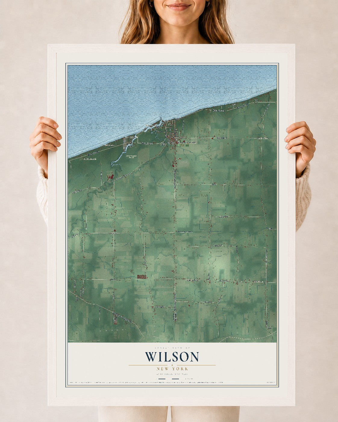 Wilson, New York map print, 24" x 36" W/ White Ayous Wood Frame mockup
