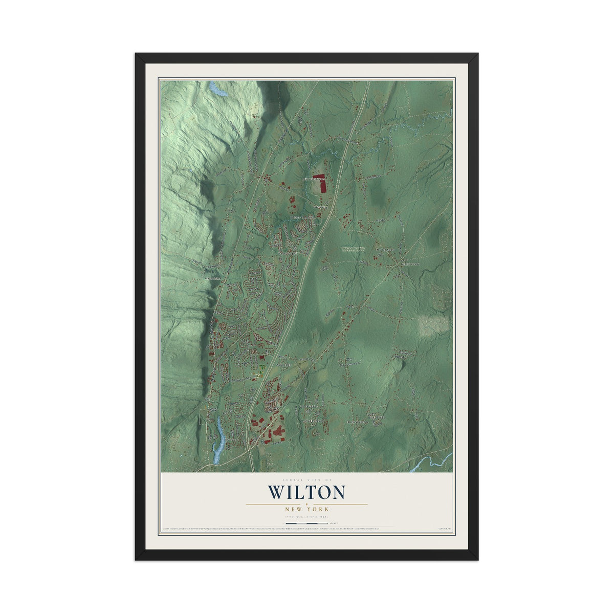 Wilton, New York map print, 12" x 18" W/ Black Ayous Wood Frame mockup