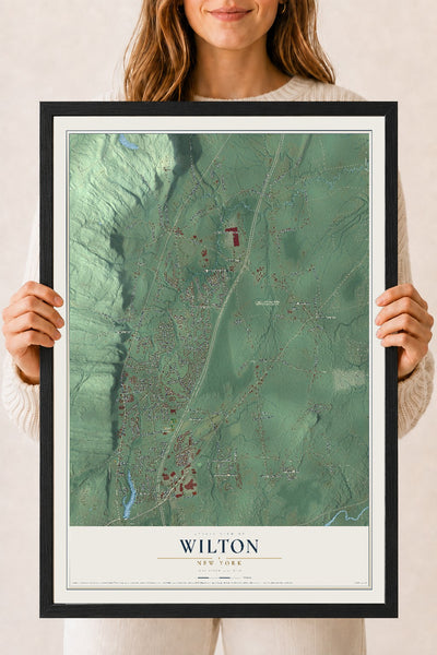 Wilton, New York map print, 18" x 24" W/ Black Ayous Wood Frame mockup