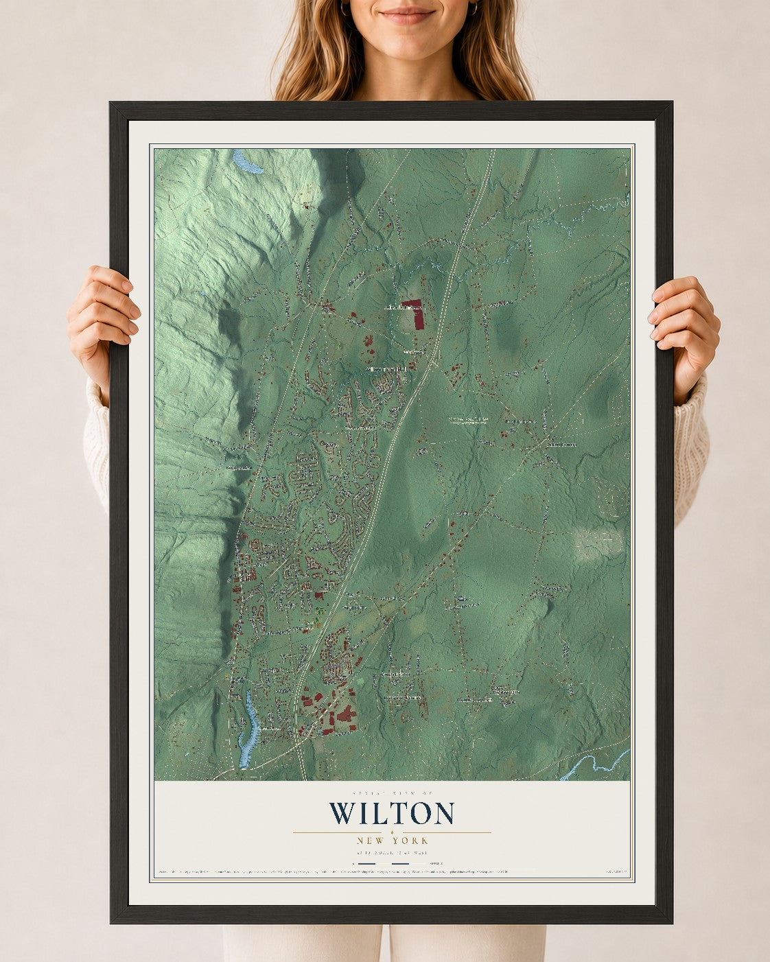 Wilton, New York map print, 24" x 36" W/ Black Ayous Wood Frame mockup