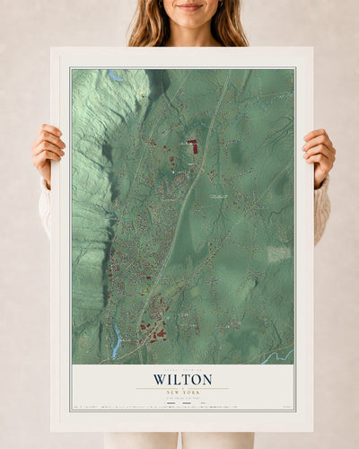 Wilton, New York map print, 24" x 36" W/ White Ayous Wood Frame mockup