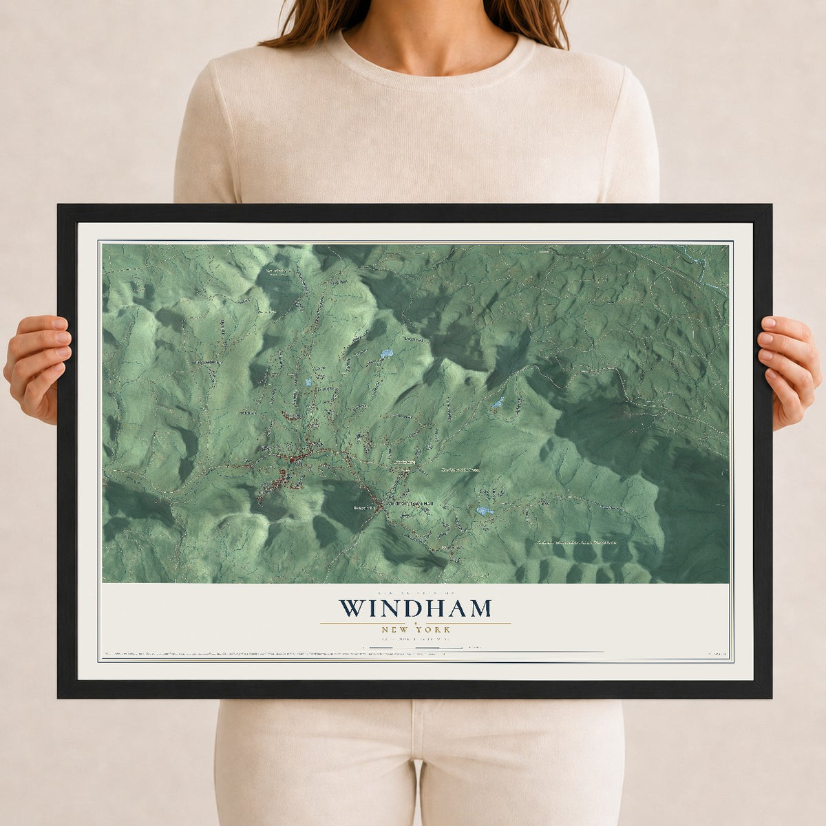 Windham, New York map print, 12" x 18" W/ Black Ayous Wood Frame mockup