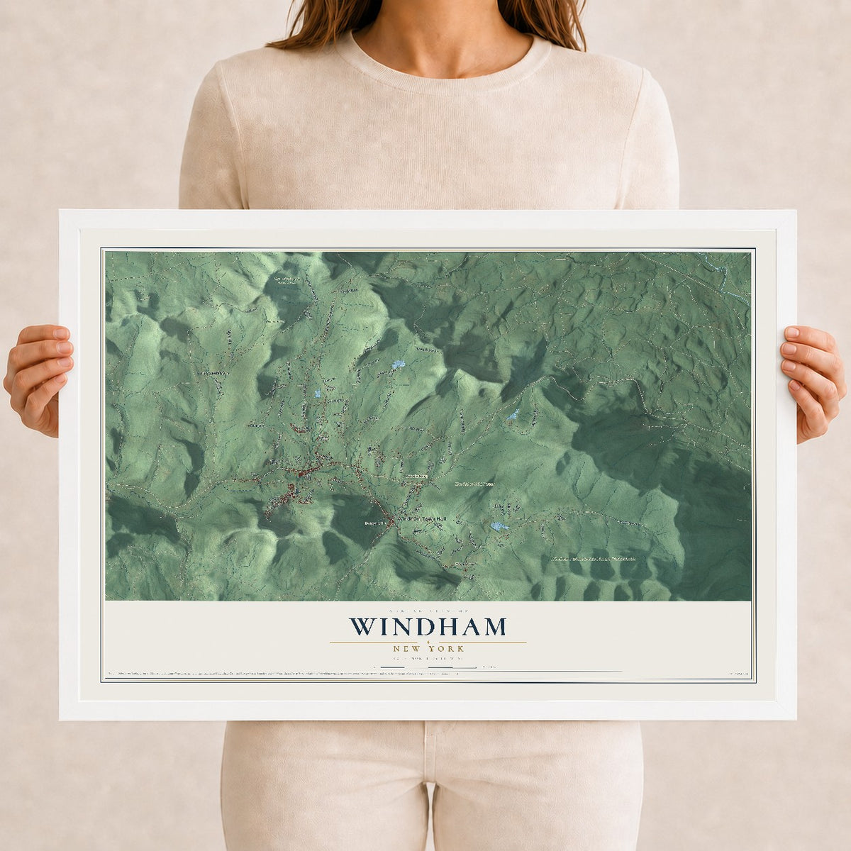 Windham, New York map print, 12" x 18" W/ White Ayous Wood Frame mockup