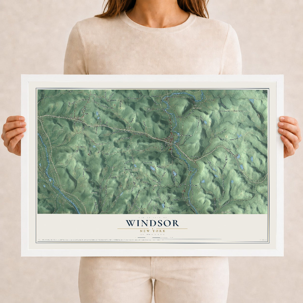 Windsor, New York map print, 12" x 18" W/ White Ayous Wood Frame mockup