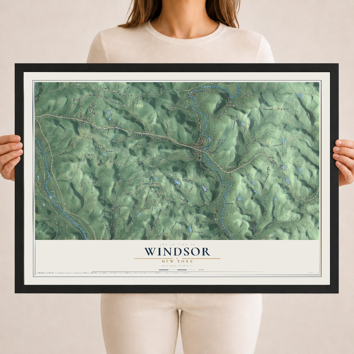 Windsor, New York map print, 18" x 24" W/ Black Ayous Wood Frame mockup