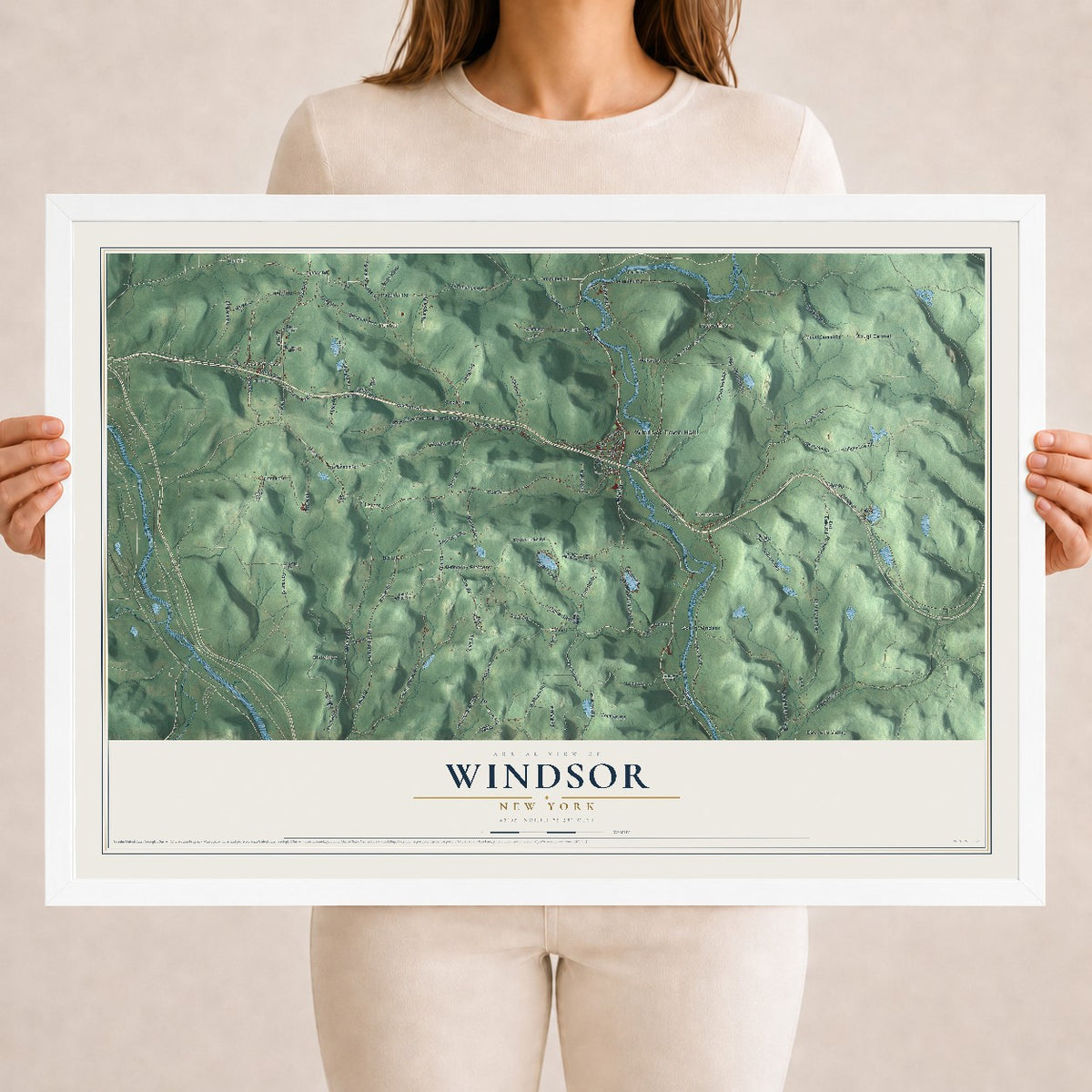 Windsor, New York map print, 18" x 24" W/ White Ayous Wood Frame mockup