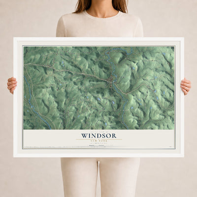 Windsor, New York map print, 24" x 36" W/ White Ayous Wood Frame mockup