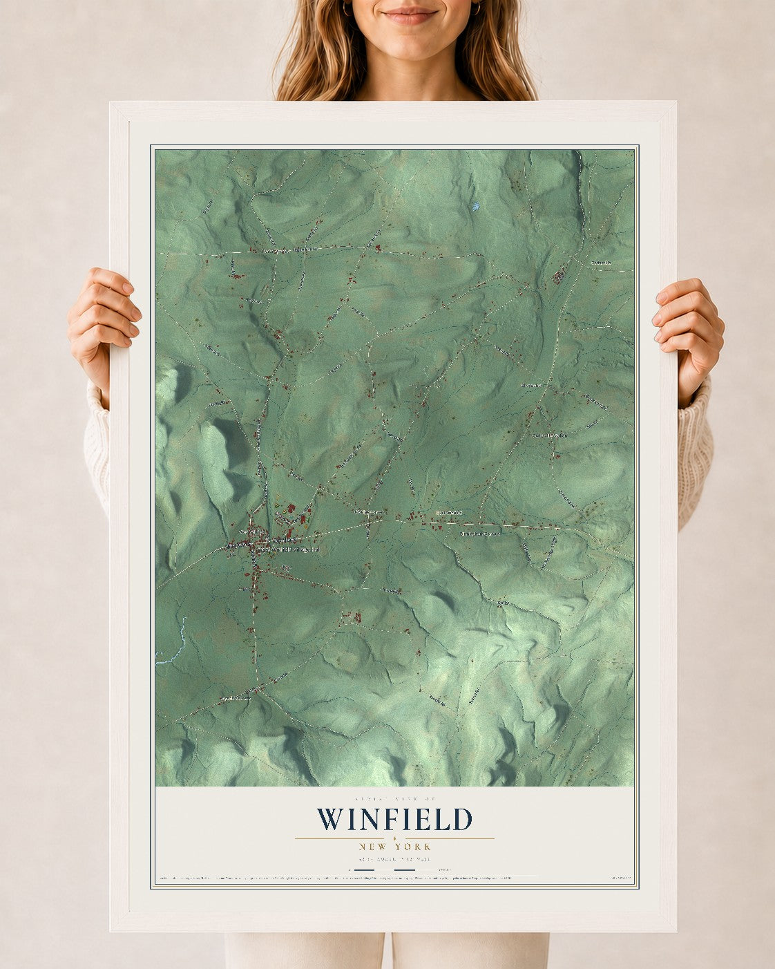 Winfield, New York map print, 24" x 36" W/ White Ayous Wood Frame mockup