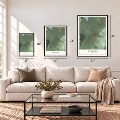 Wingdale, New York map in 12 x 18, 18 x 24 and 24 x 36 inch sizes above a sofa