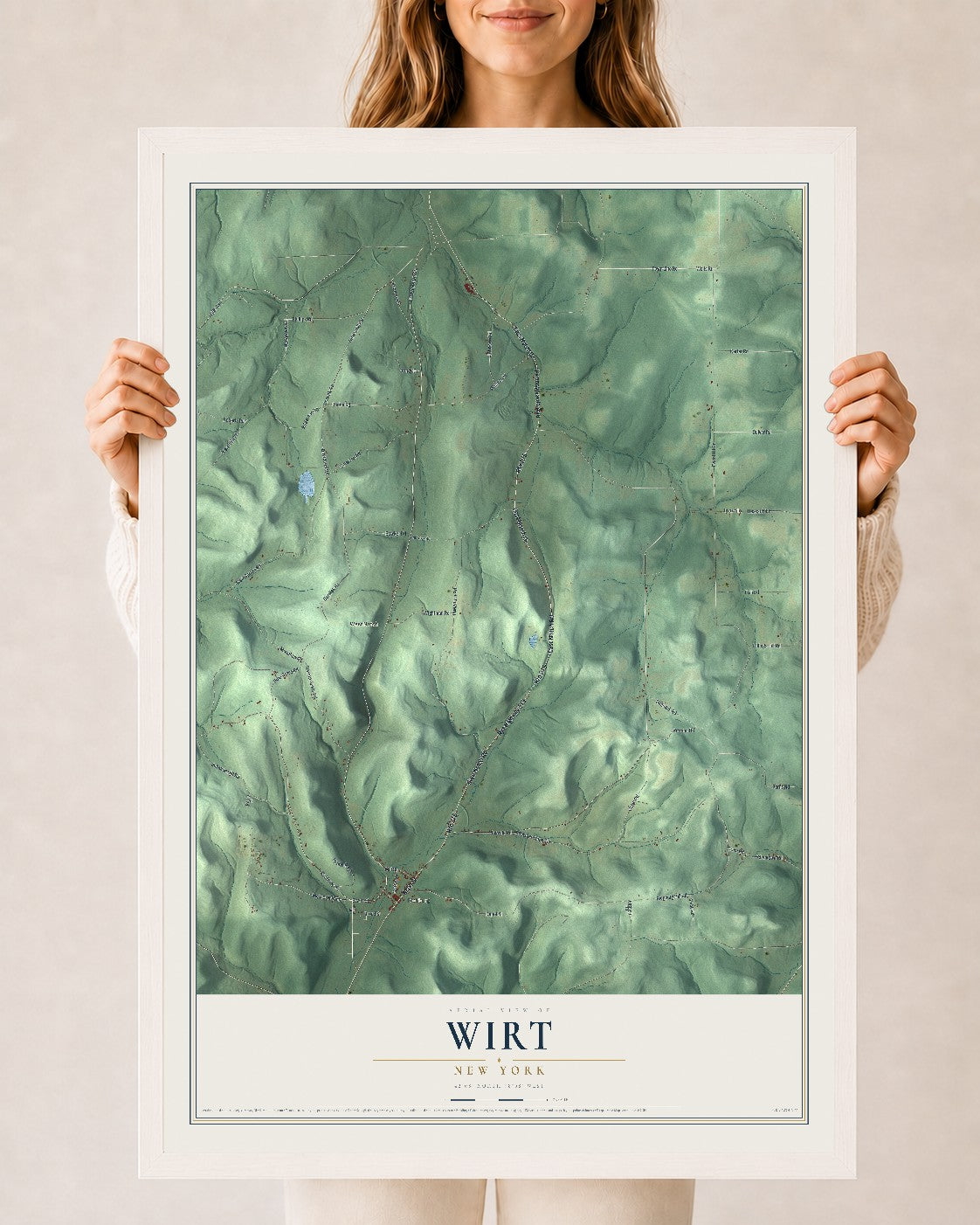 Wirt, New York map print, 24" x 36" W/ White Ayous Wood Frame mockup