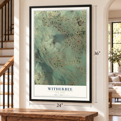 Witherbee, New York map, 24 x 36 inch print in a black frame by a staircase