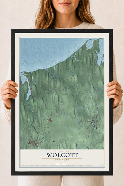 Wolcott, New York map print, 18" x 24" W/ Black Ayous Wood Frame mockup