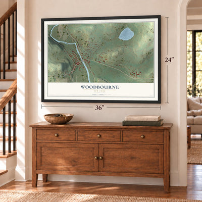Woodbourne, New York map, 24 x 36 inch print in a black frame above a dresser by a staircase