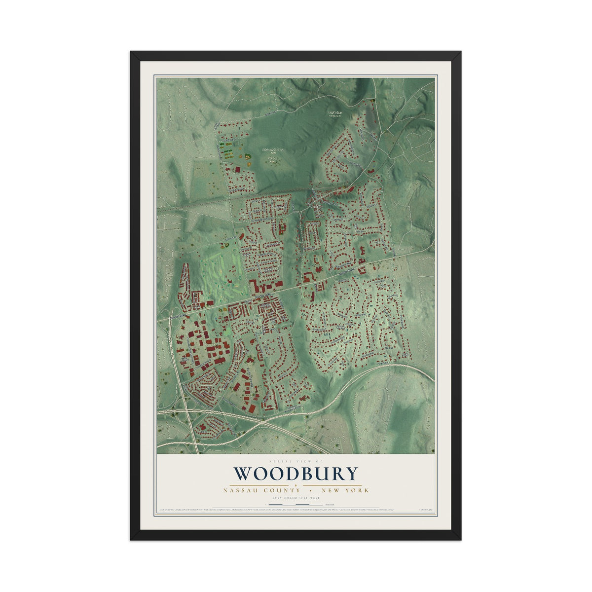Woodbury, New York map print, 12" x 18" W/ Black Ayous Wood Frame mockup