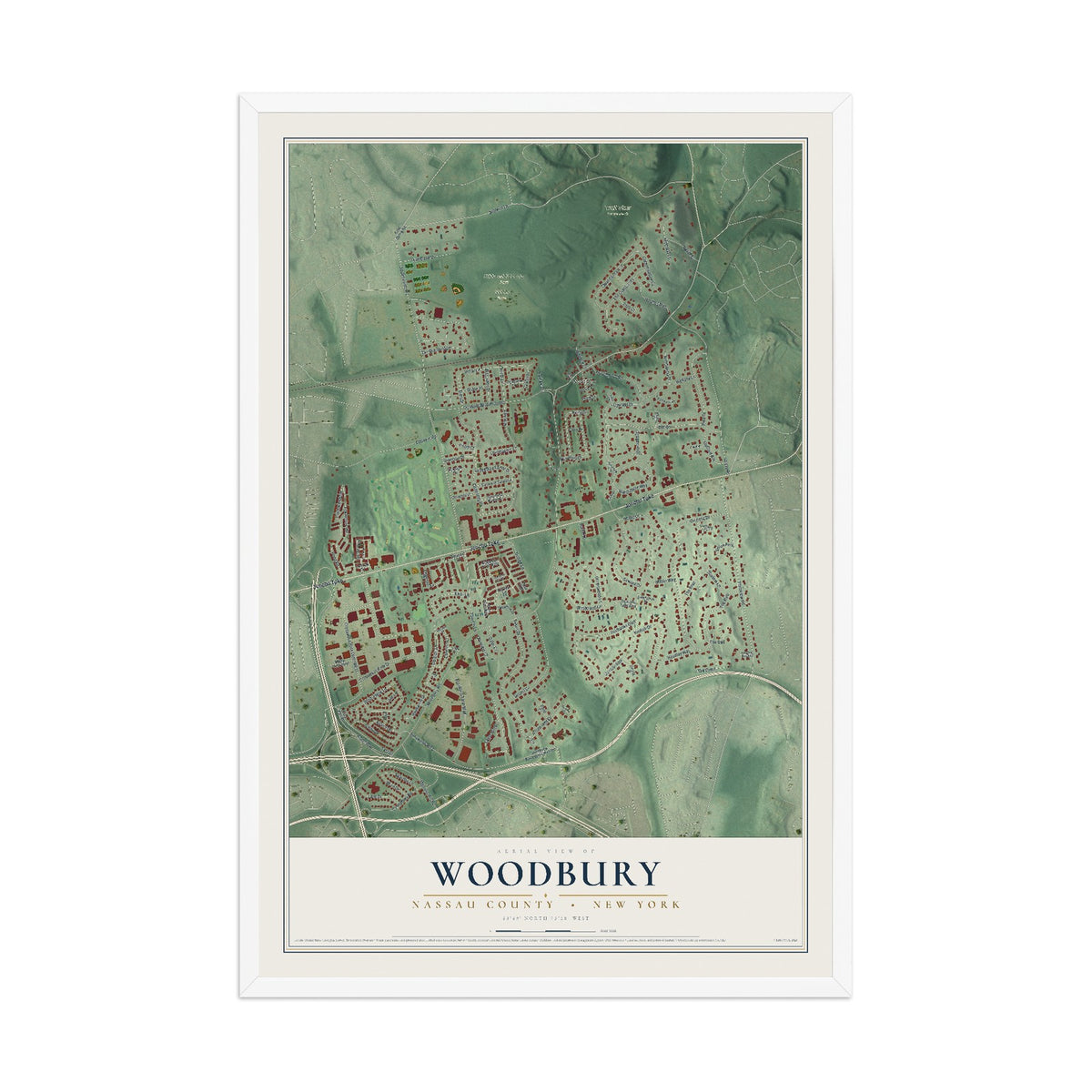 Woodbury, New York map print, 12" x 18" W/ White Ayous Wood Frame mockup