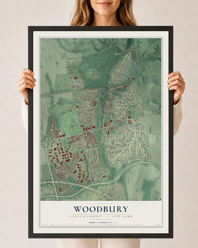 Woodbury, New York map print, 24" x 36" W/ Black Ayous Wood Frame mockup