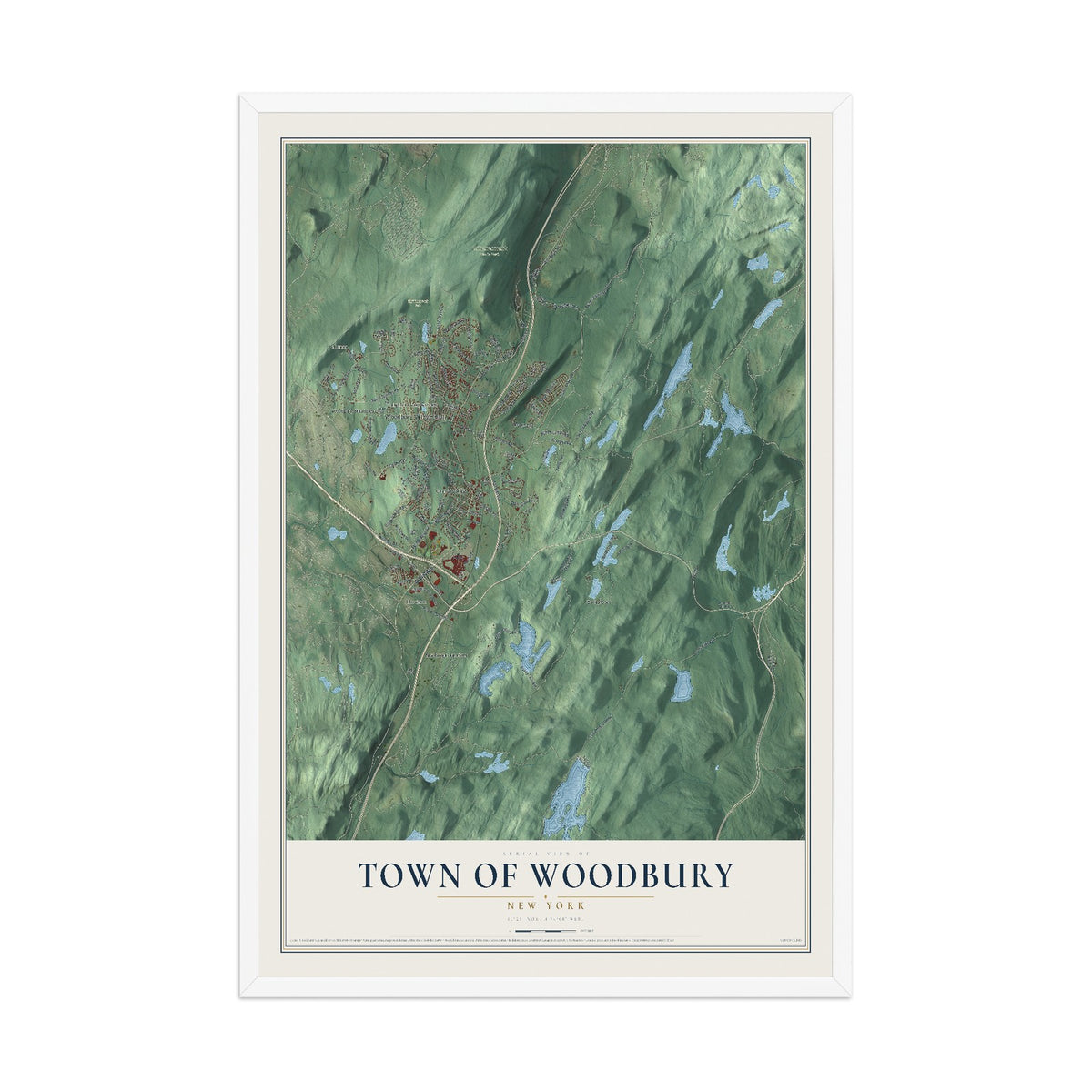 Woodbury, New York map print, 12" x 18" W/ White Ayous Wood Frame mockup