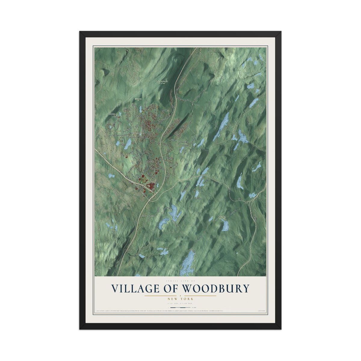 Woodbury, New York map print, 12" x 18" W/ Black Ayous Wood Frame mockup