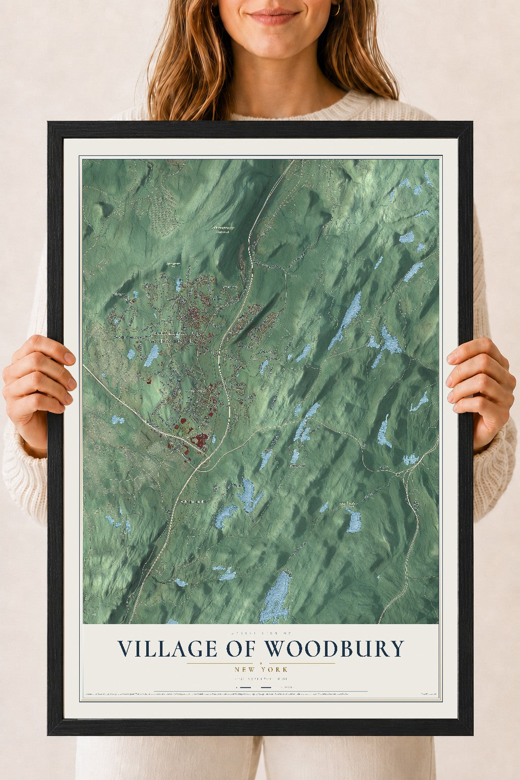 Woodbury, New York map print, 18" x 24" W/ Black Ayous Wood Frame mockup