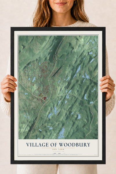 Woodbury, New York map print, 18" x 24" W/ Black Ayous Wood Frame mockup